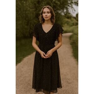 Vintage 80s Black Gold Glitter Midi Flutter Sleeve Dress S/M